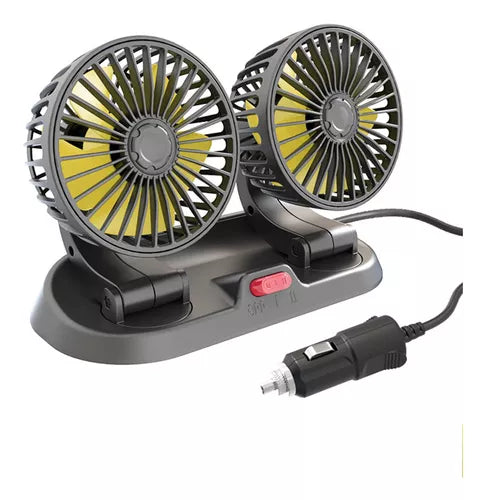 Mini ventilador doble para carro y escritorio con cabezales ajustables 360°, base estable, opción adhesiva y versiones USB, 12 V o 24 V para espacios pequeños.