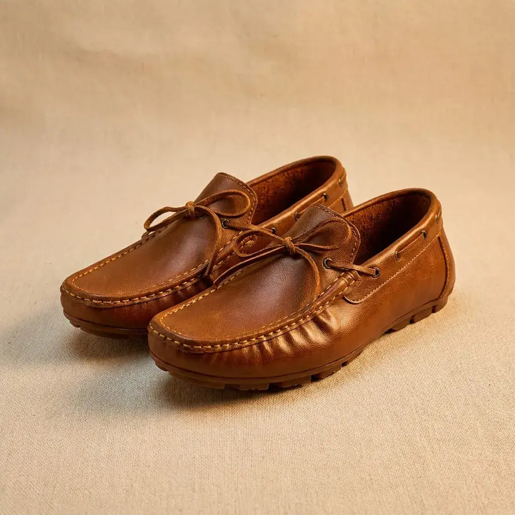 Mocasín para hombre en cuero sintético, hecho en Colombia, con suela de PVC suave y antideslizante, cosido y pegado. Diseño clásico sin cordones. Tallas nacionales de la 37 a la 44.