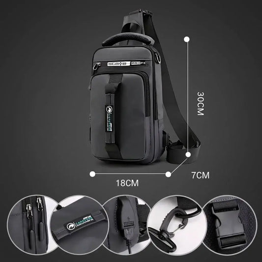 Mochila Sling Antirrobo Impermeable con Puerto USB. Bolso cruzado compacto para viajes, trabajo y uso diario, con cierre oculto, correa ajustable y diseño moderno.