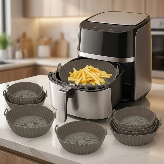 Molde reutilizable de silicona grado alimenticio para air fryer 7.5”. Antiadherente, resistente al calor y fácil de limpiar. Ideal para freidoras de 3 a 5 cuartos.
