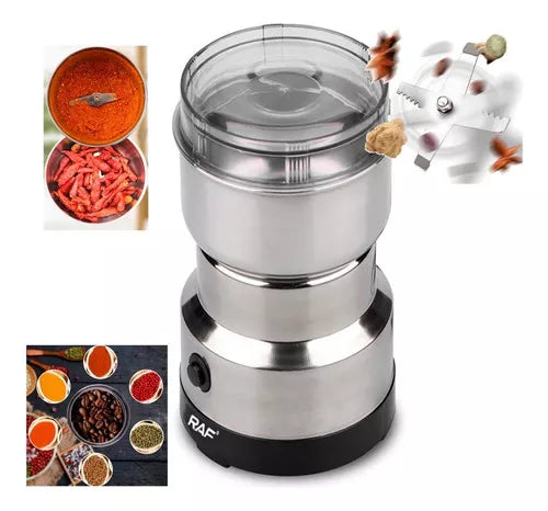 Molino eléctrico de café y especias en acero inoxidable con sistema de triple hélice. Ideal para molienda rápida, uniforme y práctica en la cocina del hogar.