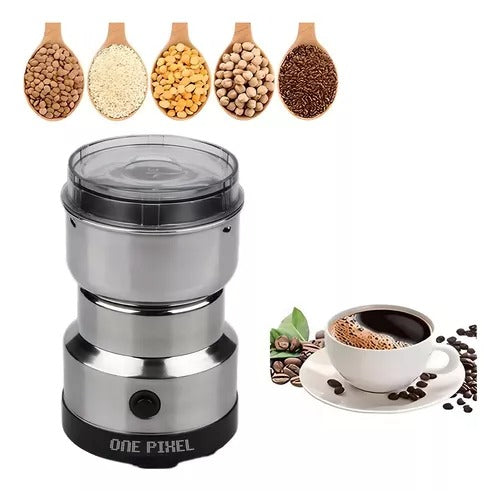 Molino eléctrico 2 en 1 para café, especias, hierbas, semillas y frutos secos. Cuerpo en acero inoxidable, doble cuchilla, motor de bajo ruido y diseño compacto para cocina.