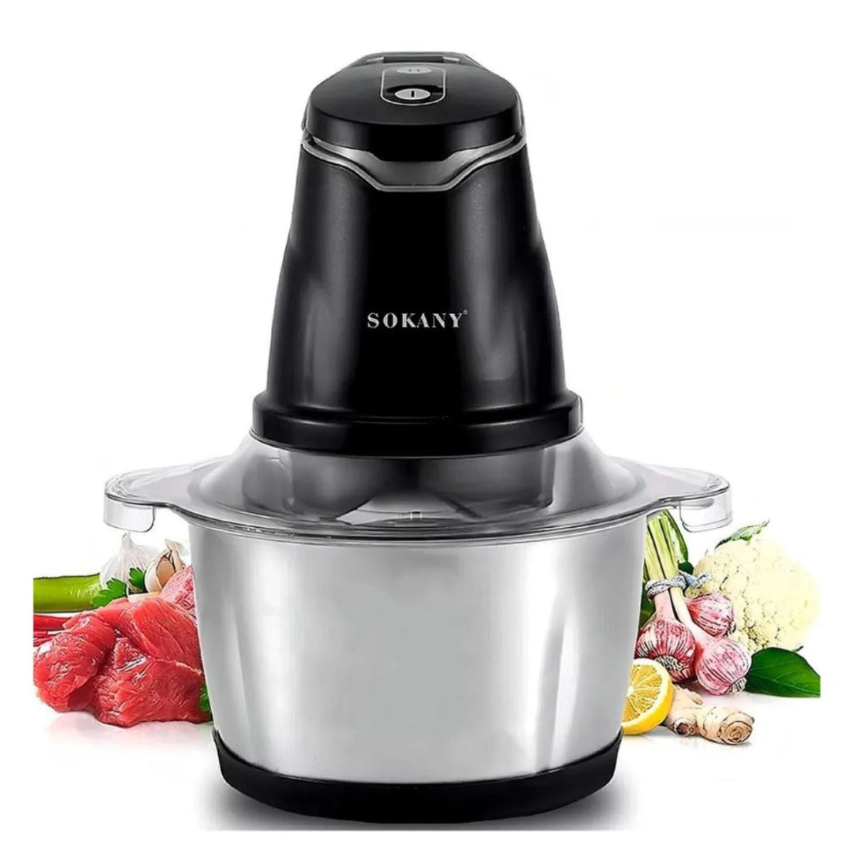 Molino picador eléctrico de 2 litros y 300W con cuchillas de acero inoxidable. Ideal para carnes, verduras, frutas, salsas y preparaciones rápidas en casa.