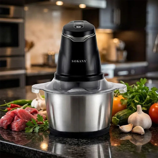 Molino picador eléctrico de 2 litros y 300W con cuchillas de acero inoxidable. Ideal para carnes, verduras, frutas, salsas y preparaciones rápidas en casa.