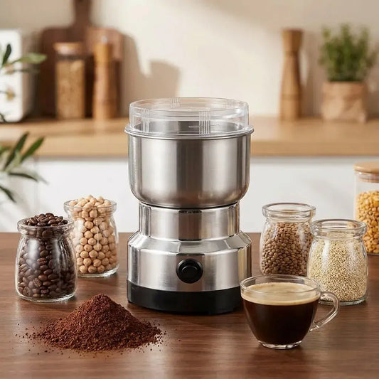 Compra molino eléctrico para café y especias con cuchillas de acero inoxidable, tapa transparente y molido rápido. Ideal para café, frutos secos y condimentos.