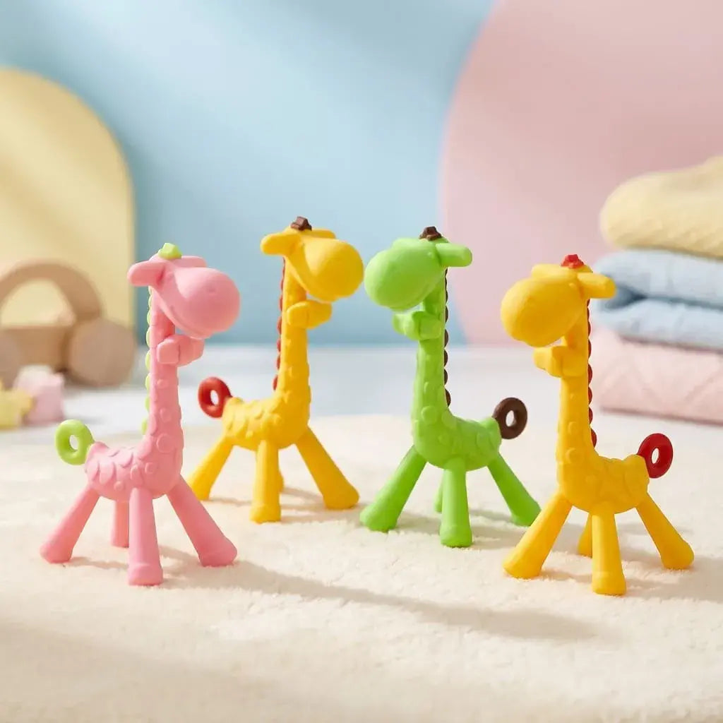 Mordedor de jirafa para bebé en silicona de grado alimenticio libre de BPA. Alivia encías, estimula sentidos y es fácil de limpiar, ideal para la etapa de dentición.