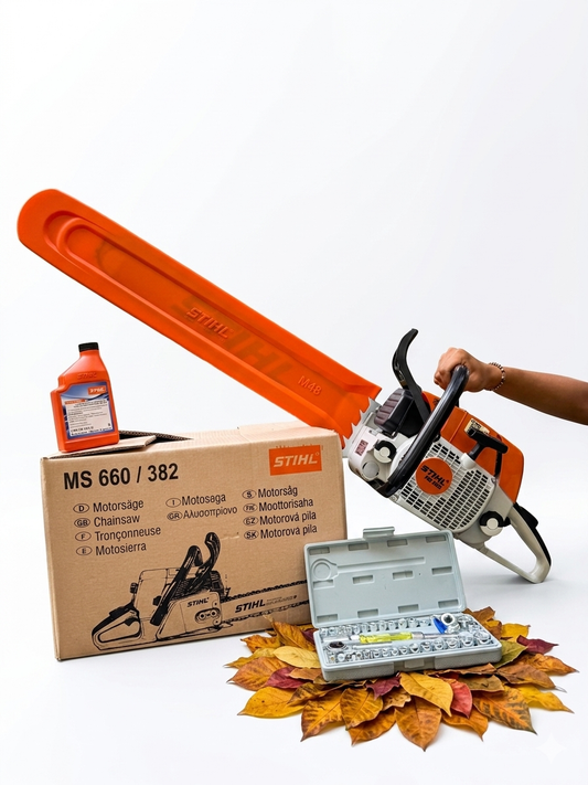 Motosierra industrial 382 de 72.5 CC, 5.0 HP, espada de 70 cm, sistema antivibración, serial y código QR, con accesorios incluidos para finca y trabajo exigente.
