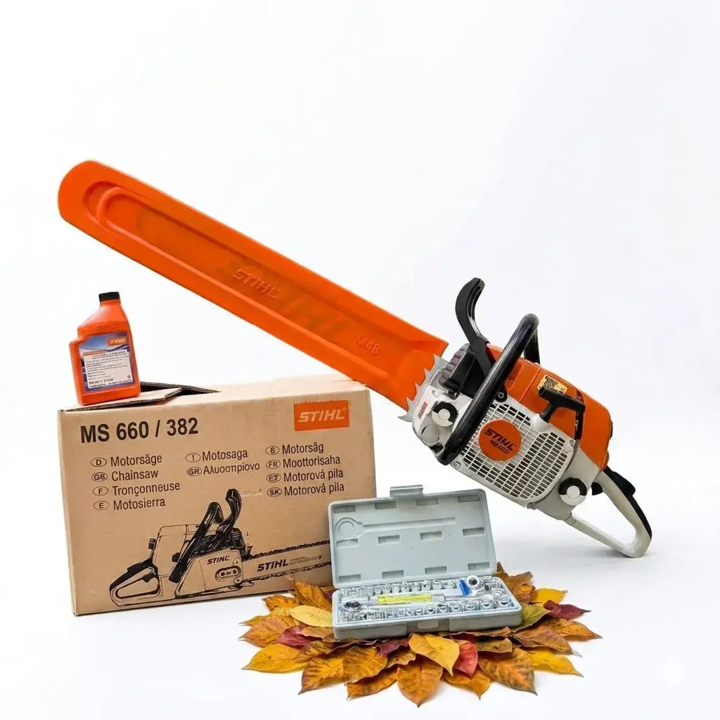 Motosierra industrial 382 de 72.5 CC, 5.0 HP, espada de 70 cm, sistema antivibración, serial y código QR, con accesorios incluidos para finca y trabajo exigente.