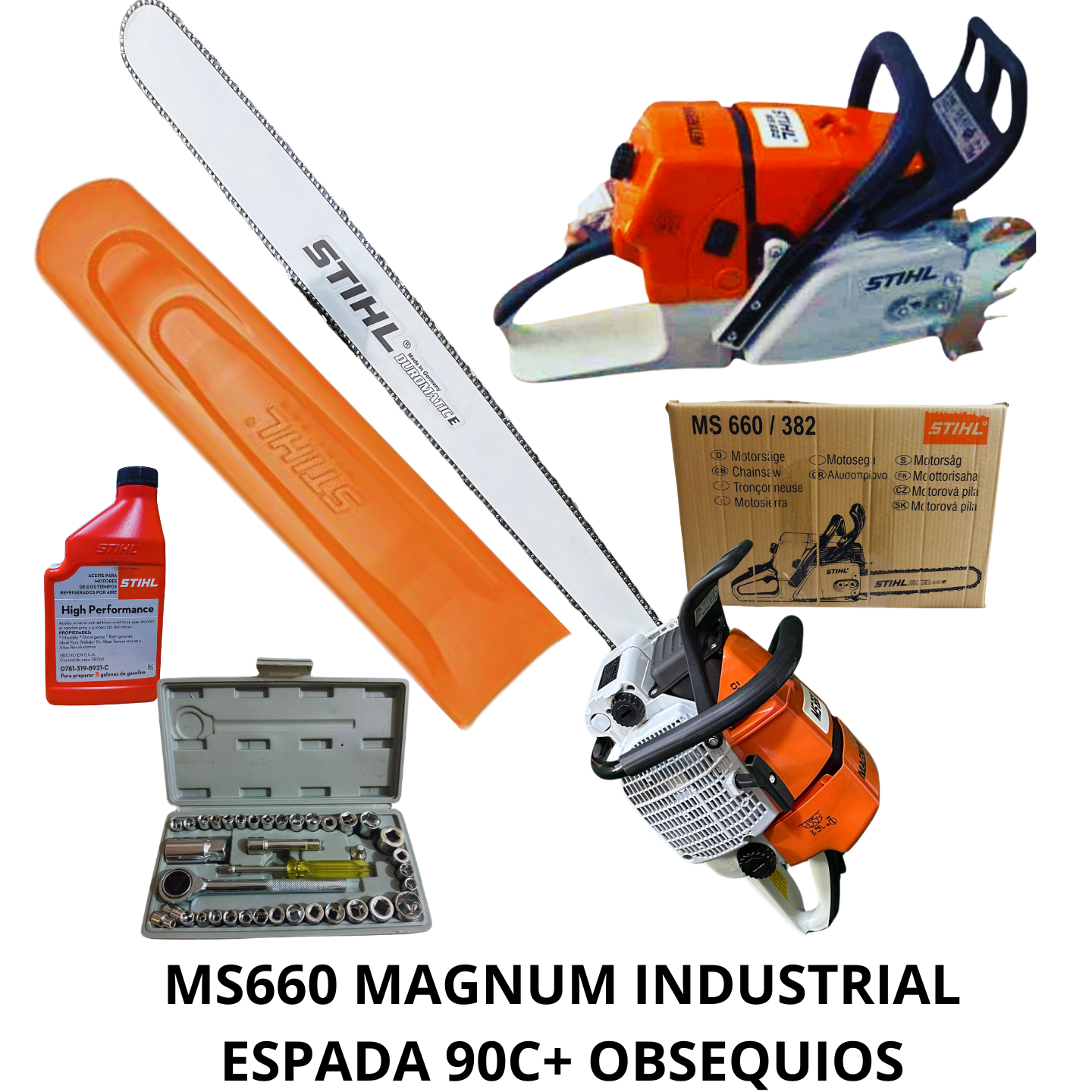 Motosierra industrial 660 Magnum a gasolina de 92CC y 7.5HP con espada de 90 cm, cadena 404, kit de herramientas, aceite y accesorios incluidos.