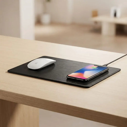 Mouse pad ergonómico con cargador inalámbrico Qi integrado. Compatible con iPhone y otros celulares con carga inalámbrica. Ideal para oficina y hogar.