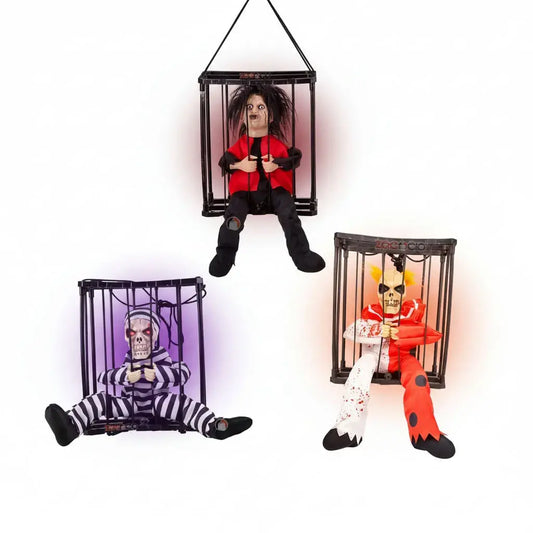 Compra muñeco de Halloween prisionero en jaula con luz, ojos rojos y movimiento. Decoración animada de terror ideal para casas, fiestas, negocios y eventos.