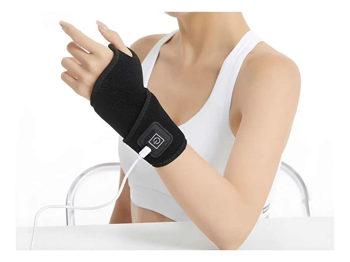 Muñequera térmica USB con compresión y 3 niveles de calor ajustables, cómoda para uso diario.