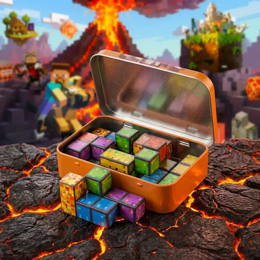 Juego Magnético Pixel de 60 piezas con cubos imantados, 2 figuras y caja metálica. Ideal para construcción creativa y escenarios estilo pixel.