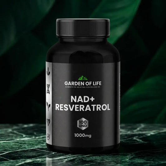 NAD+ con Resveratrol en cápsulas, frasco oscuro de 360 cc con termosellado de seguridad. Complemento para energía celular, antioxidantes y bienestar diario.