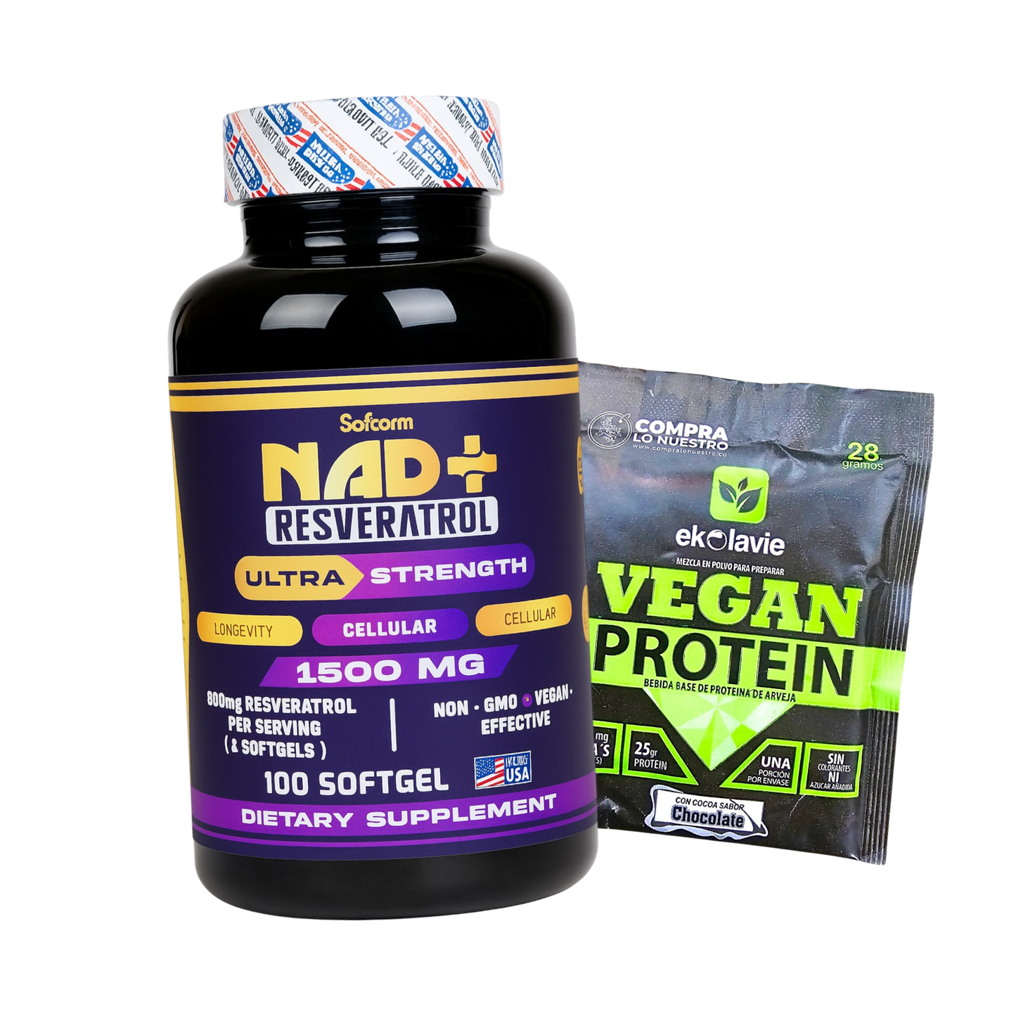 NAD Resveratrol con Proteína Vegana en 100 cápsulas blandas softgel. Suplemento alimenticio con registro INVIMA RSA-0010060-2020 para bienestar celular, vitalidad y cuidado integral.