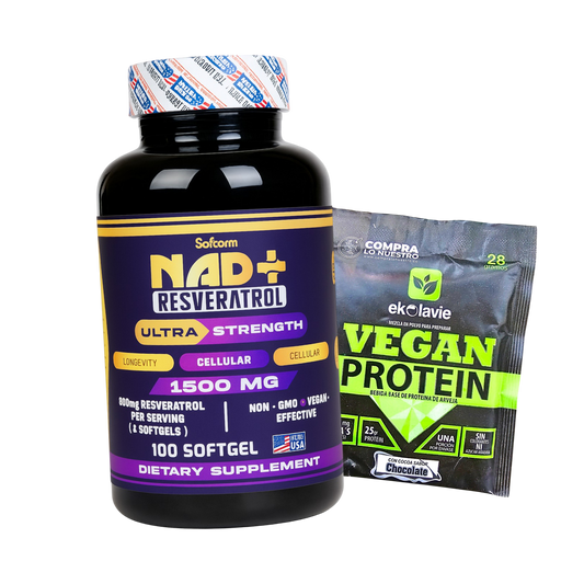 NAD Resveratrol con Proteína Vegana en 100 cápsulas blandas softgel. Suplemento alimenticio con registro INVIMA RSA-0010060-2020 para bienestar celular, vitalidad y cuidado integral.