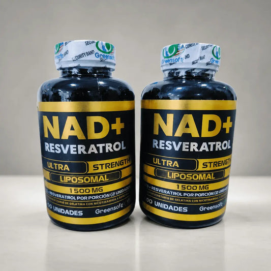 Combo NAD+ con resveratrol por dos unidades y registro INVIMA para complementar la alimentación y apoyar la energía y protección celular.