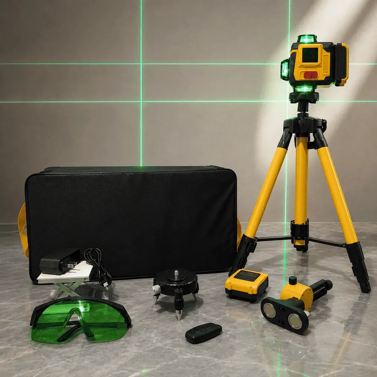 Compra nivel láser profesional horizontal y vertical con trípode ajustable, control remoto y batería recargable, ideal para construcción e instalación.
