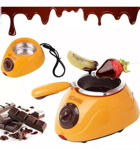 Olla fondue eléctrica para chocolate 110V con temperatura ajustable en dos niveles, crisol en acero inoxidable, mango largo, diseño compacto e incluye moldes para repostería en casa