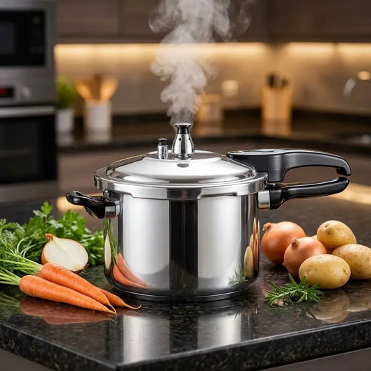 Olla a Presión Pitadora Spres fabricada en aluminio liviano y buen conductor del calor. Práctica para preparar alimentos de forma eficiente en el hogar.