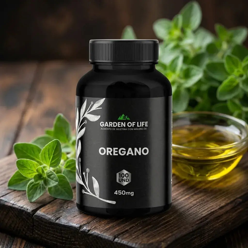 Orégano 450 mg en cápsulas en frasco oscuro de 360 cc con termosellado de seguridad. Complemento natural para bienestar digestivo, defensas y apoyo respiratorio.