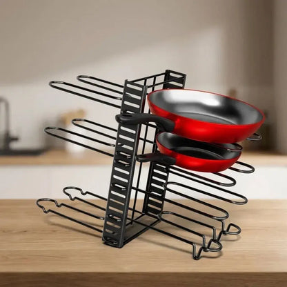 Organizador ajustable de ollas y sartenes en acero pintado, ideal para ordenar tapas, bandejas y utensilios de cocina en gabinetes o mostradores.