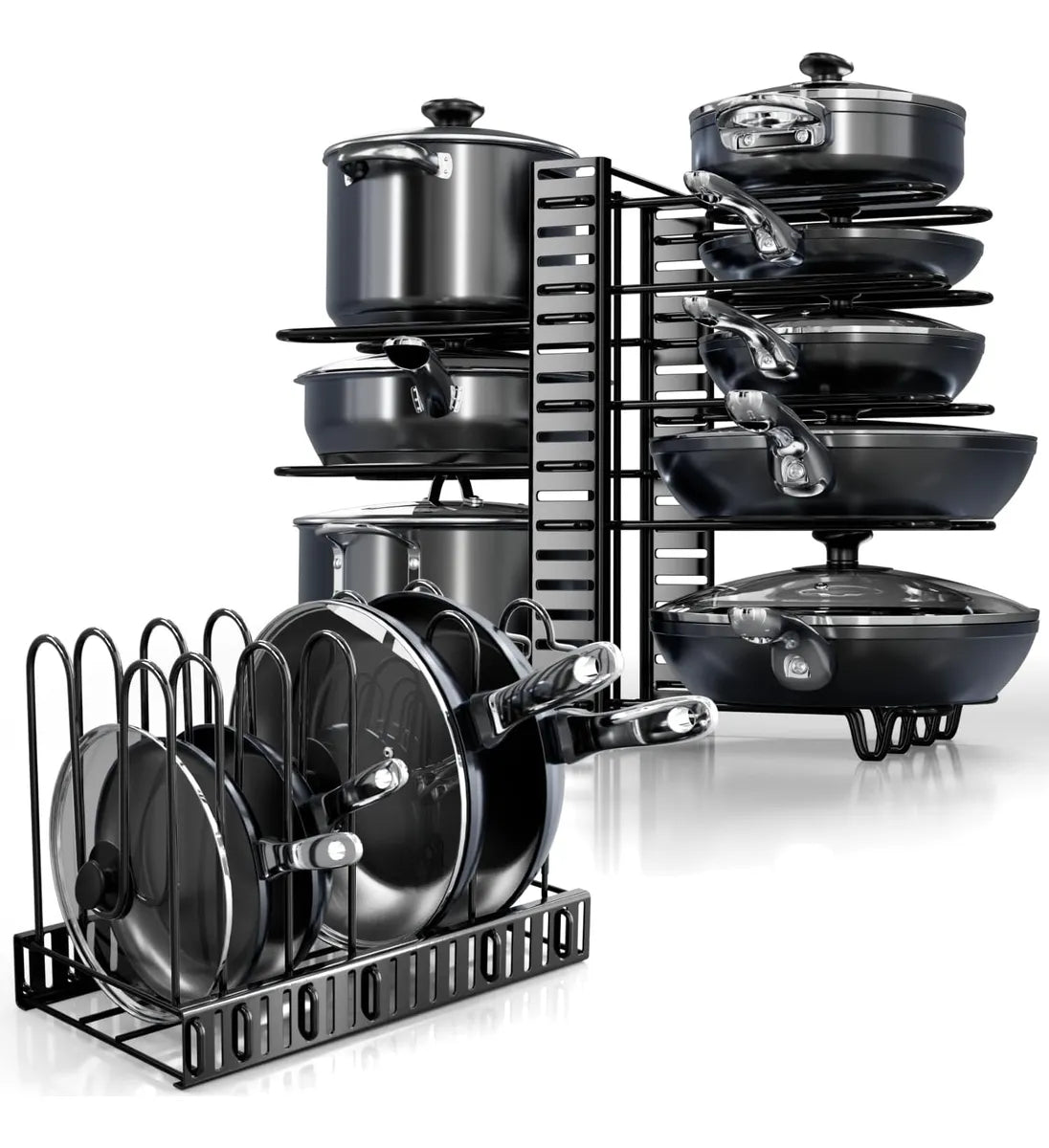 Organizador ajustable de ollas y sartenes en acero pintado, ideal para ordenar tapas, bandejas y utensilios de cocina en gabinetes o mostradores.