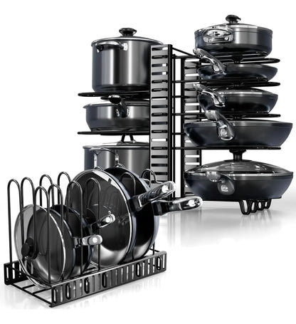 Organizador ajustable de ollas y sartenes en acero pintado, ideal para ordenar tapas, bandejas y utensilios de cocina en gabinetes o mostradores.