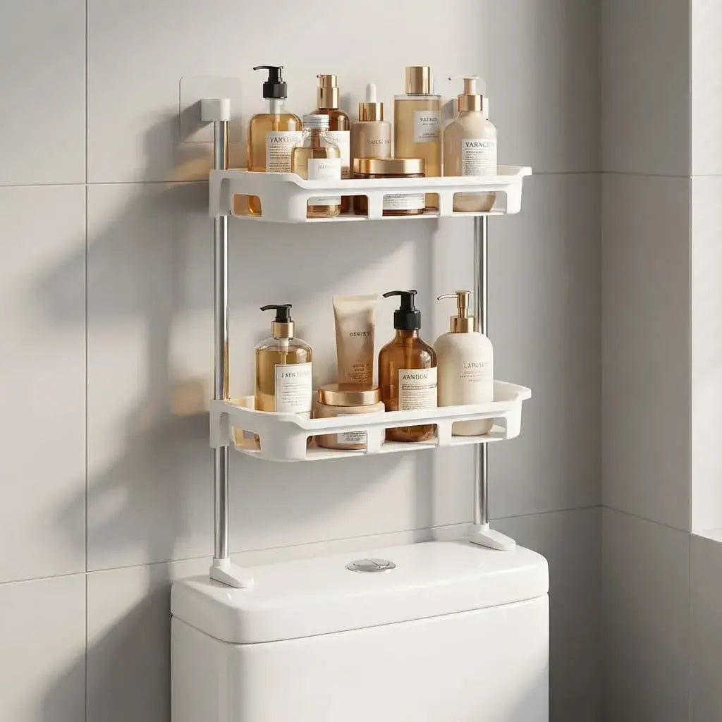 Organizador de baño 2 niveles para colocar sobre el tanque del inodoro. Ahorra espacio y se instala sin perforaciones.