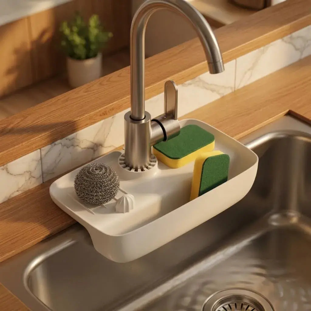 Organizador de fregadero para grifo de cocina con soporte para esponjas, jabón, estropajo y cepillo. Fácil instalación, resistente al agua y diseño moderno