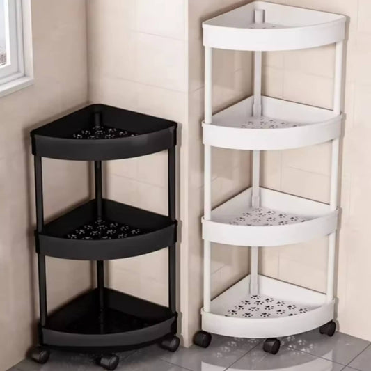 Organizador esquinero multiusos de 4 niveles con ruedas giratorias, ideal para baño, cocina, lavandería y espacios reducidos. Diseño triangular práctico y resistente.