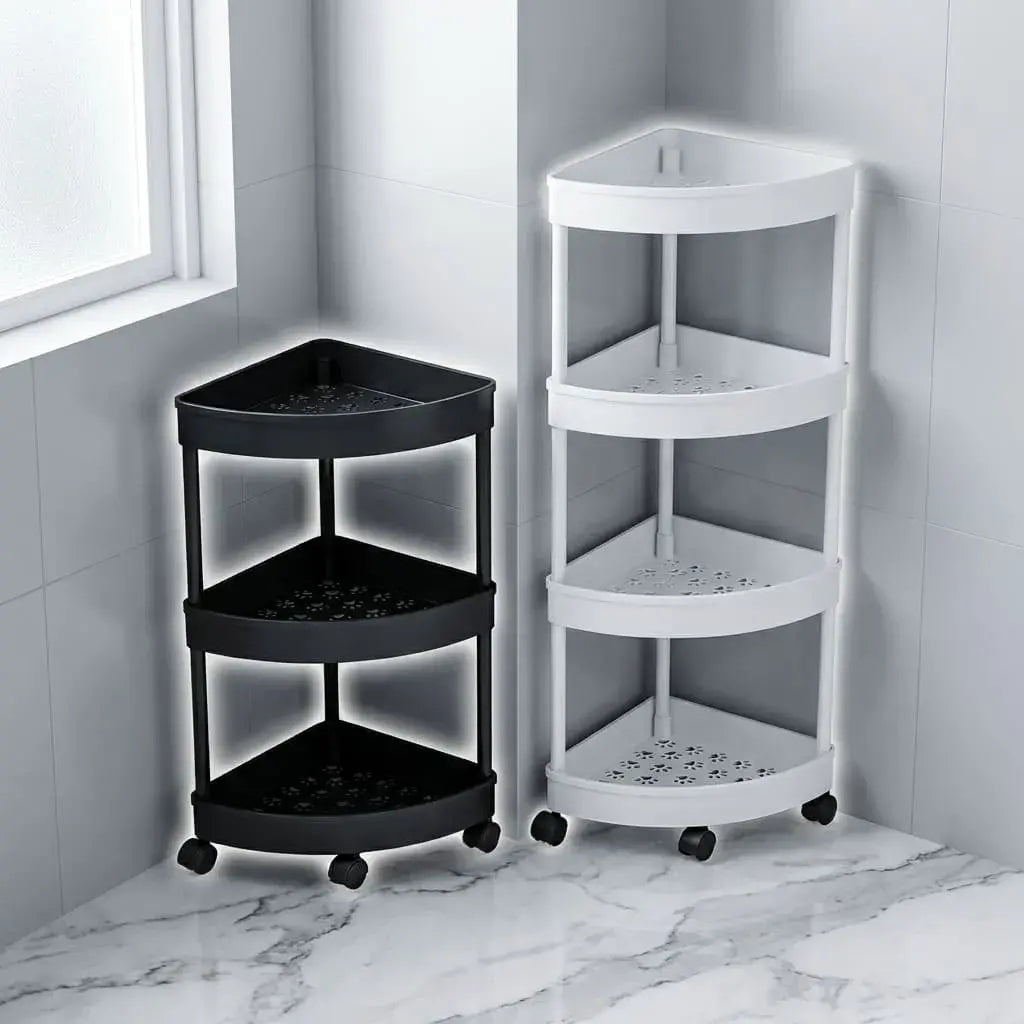 Organizador esquinero multiusos de 4 niveles con ruedas giratorias, ideal para baño, cocina, lavandería y espacios reducidos. Diseño triangular práctico y resistente.
