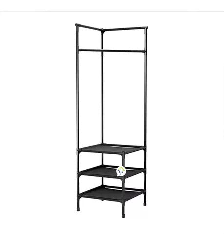 Organizador esquinero de ropa de 3 niveles con barra para colgar, estructura liviana en plástico y lona, capacidad hasta 113 kg y diseño vertical para habitaciones, salas o espacios pequeños.