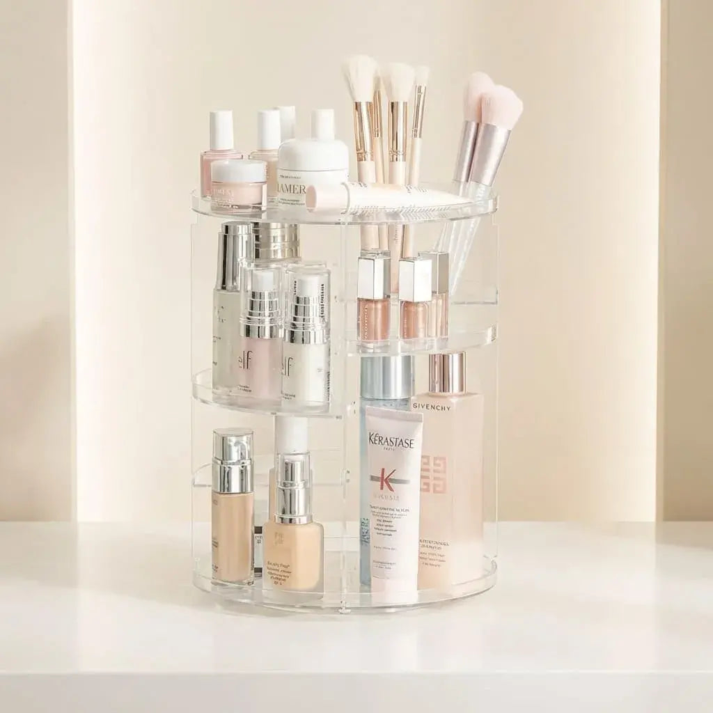 Organizador de maquillaje 360° giratorio y ajustable con gran capacidad. Ideal para tocador, baño u oficina. Práctico, moderno y fácil de limpiar.