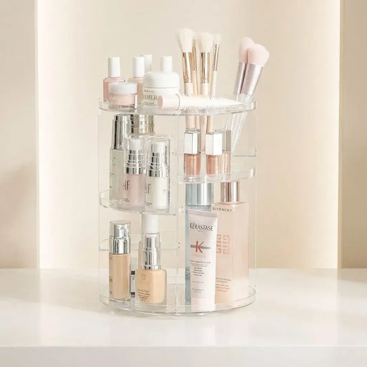 Organizador de maquillaje 360° giratorio y ajustable con gran capacidad. Ideal para tocador, baño u oficina. Práctico, moderno y fácil de limpiar.