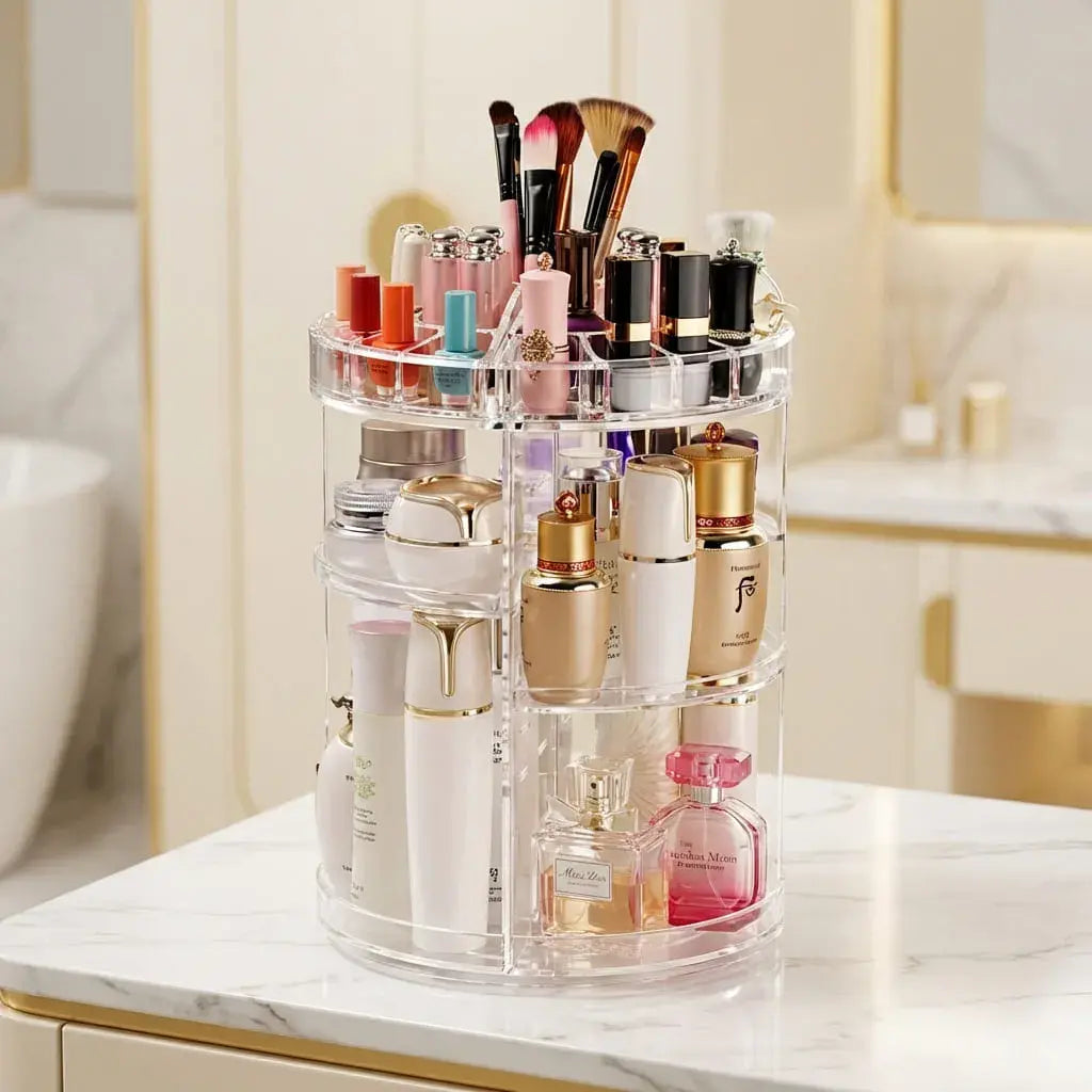 Organizador de maquillaje acrílico giratorio 360° con divisores. Espacioso, transparente y práctico para mantener tus cosméticos ordenados y visibles.