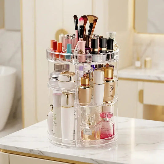 Organizador de maquillaje acrílico giratorio 360° con divisores. Espacioso, transparente y práctico para mantener tus cosméticos ordenados y visibles.