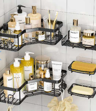 Organizador de baño 5 piezas con estantes, soporte de jabón y ganchos. Ideal para ahorrar espacio y mantener la ducha ordenada