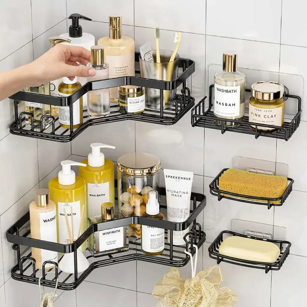 Organizador de baño 5 piezas con estantes, soporte de jabón y ganchos. Ideal para ahorrar espacio y mantener la ducha ordenada