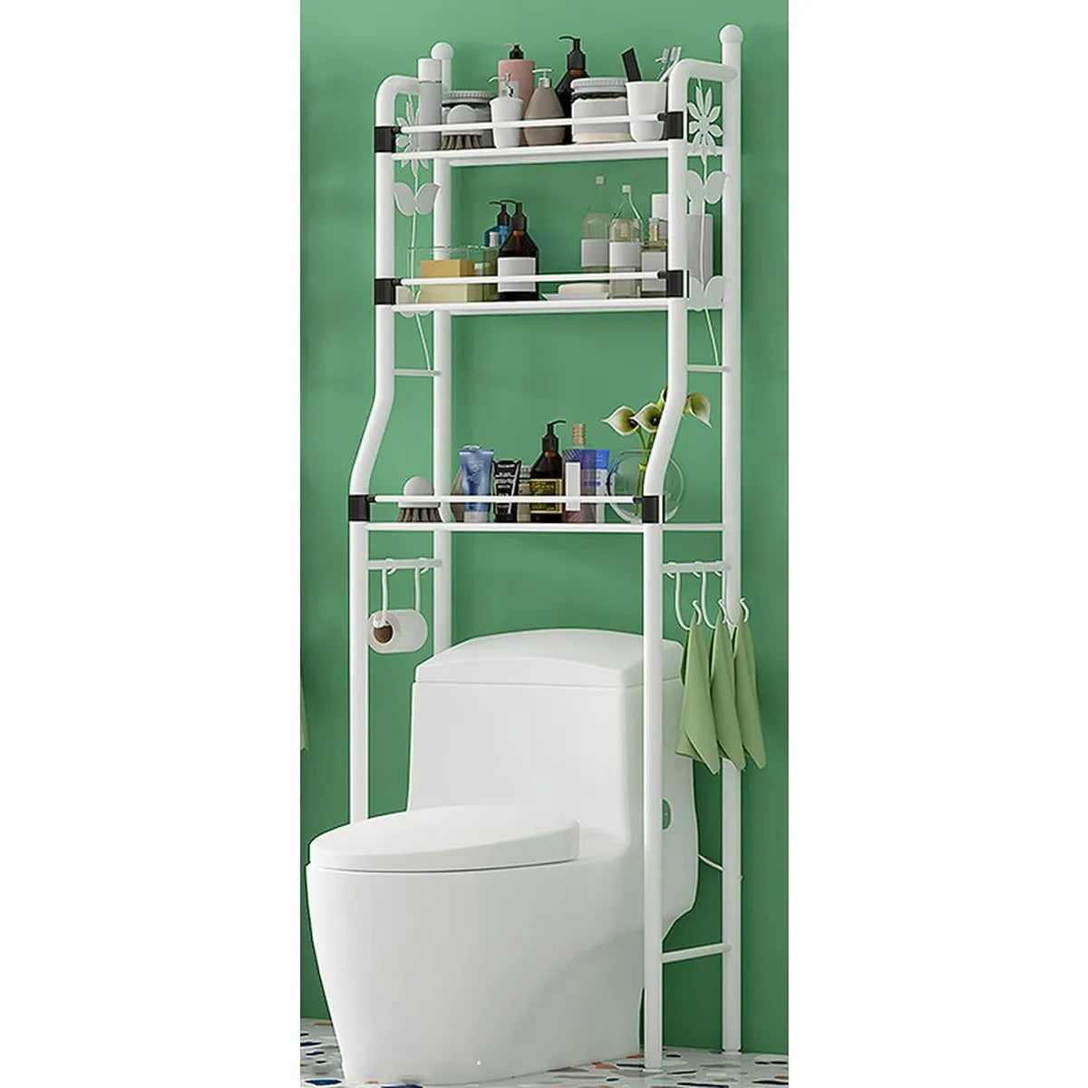 Organizador metálico de baño con 3 niveles, diseño vertical para ubicar sobre inodoro o lavadora. Ideal para baños pequeños, lavandería y organización del hogar.