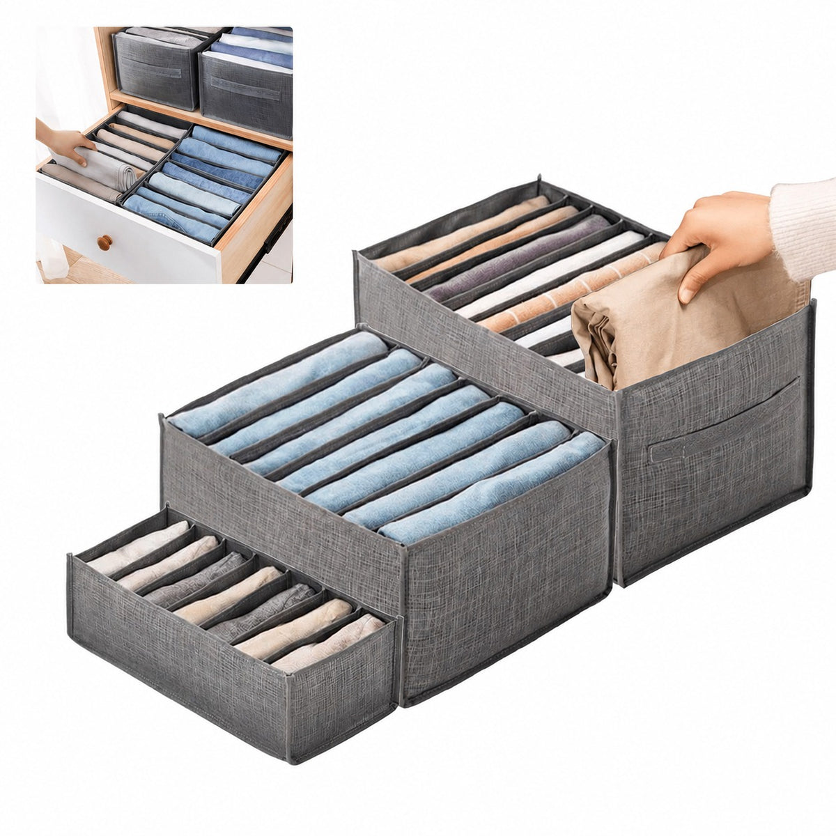 Set de 3 organizadores de ropa en tela, de diferentes tamaños, para cajones y clósets. Ordena ropa interior, medias, pantalones, camisas y toallas. Lavables, resistentes y plegables.