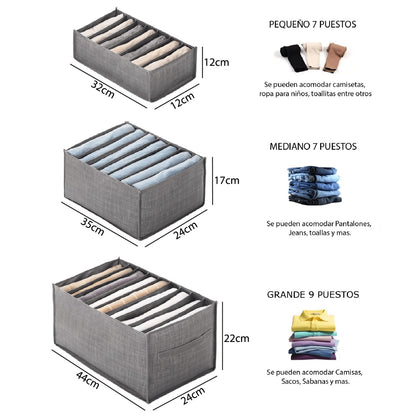 Set de 3 organizadores de ropa en tela, de diferentes tamaños, para cajones y clósets. Ordena ropa interior, medias, pantalones, camisas y toallas. Lavables, resistentes y plegables.
