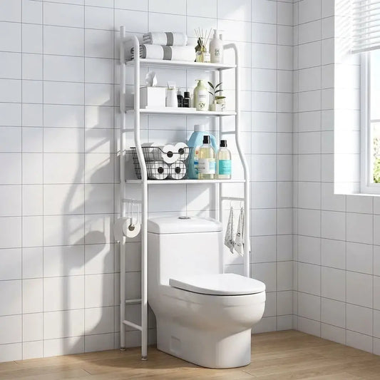 Organizador de baño metálico 3 niveles para instalar sobre inodoro o lavadora. Ideal para toallas, productos de aseo, detergentes y espacios pequeños.