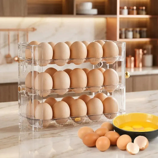 Organizador de huevos 3 niveles con capacidad para 30 huevos, diseño plegable y compacto. Ideal para nevera, despensa y cocinas con poco espacio.