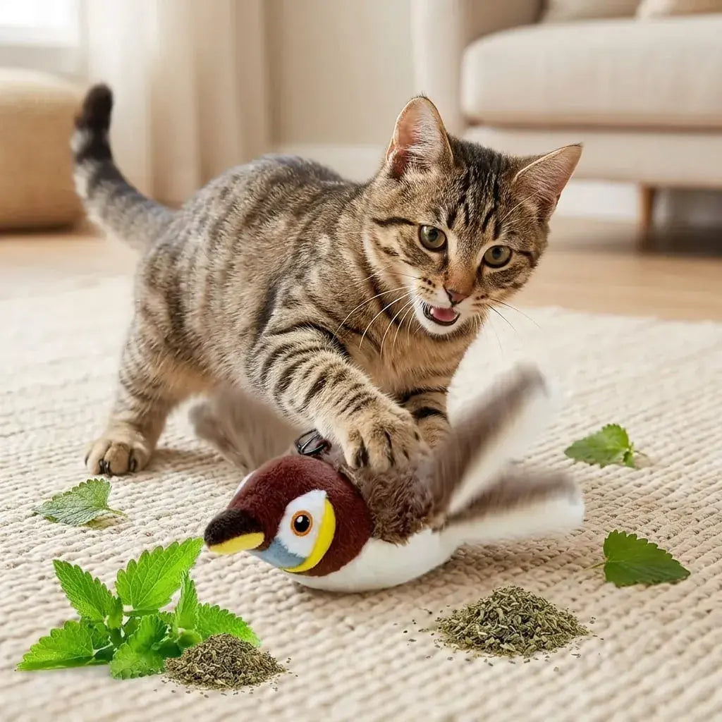 Juguete interactivo para gatos con sensor de movimiento, vibración, cuerda elástica y hierba gatera para complementar su rutina de juego.