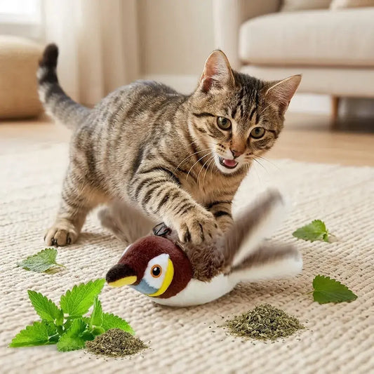Juguete interactivo para gatos con sensor de movimiento, vibración, cuerda elástica y hierba gatera para complementar su rutina de juego.