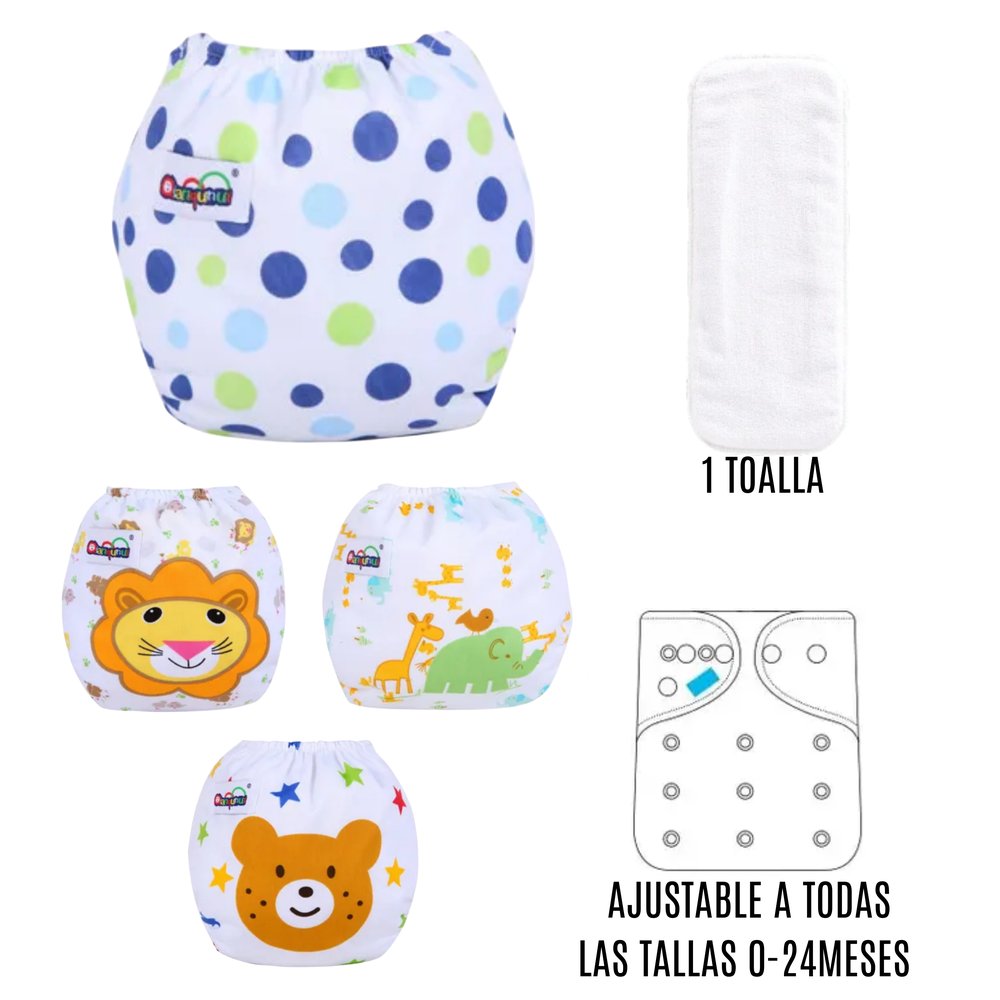 Pañales ecológicos reutilizables para bebé en algodón orgánico. Suaves, ajustables y lavables a máquina. Envío de modelos surtidos según disponibilidad.