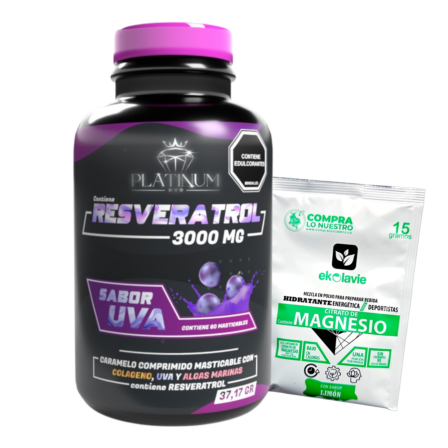 Pack Resveratrol NAD, Platinum y Americano con sachet de Citrato de Magnesio sabor limón. Suplemento alimenticio con Registro INVIMA RSA-0010060-2020 para adultos, enfocado en bienestar celular, vitalidad y cuidado integral.