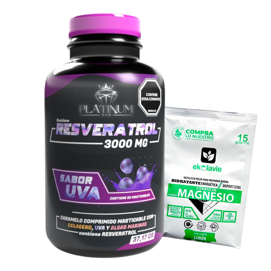 Pack Resveratrol NAD, Platinum y Americano con sachet de Citrato de Magnesio sabor limón. Suplemento alimenticio con Registro INVIMA RSA-0010060-2020 para adultos, enfocado en bienestar celular, vitalidad y cuidado integral.