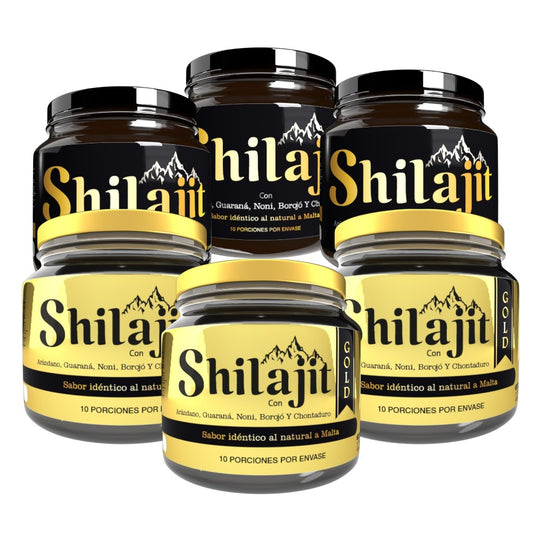 Pack Shilajit Original y Gold con 6 frascos de 125 mL y cucharas dosificadoras. Bálsamo de resina natural para energía, vitalidad y bienestar en adultos.